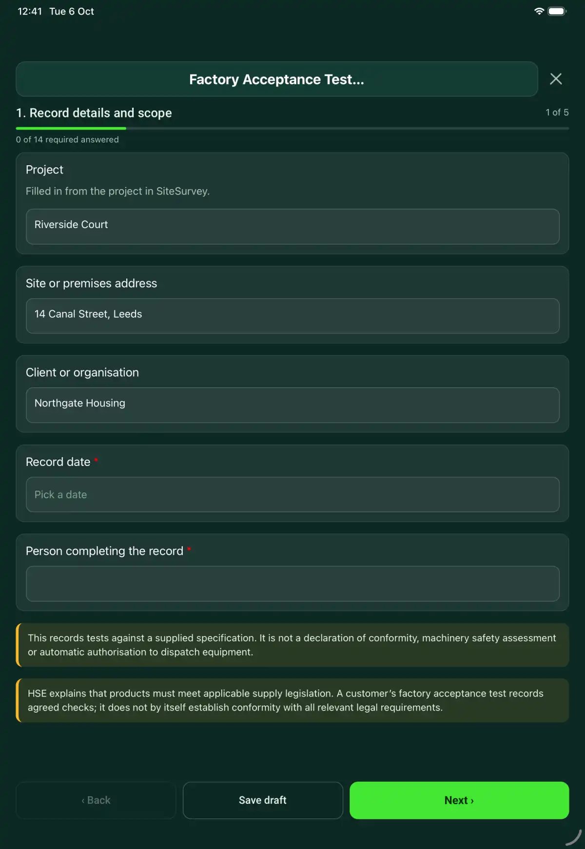 The Factory Acceptance Test Record form in the SiteSurvey app on a tablet