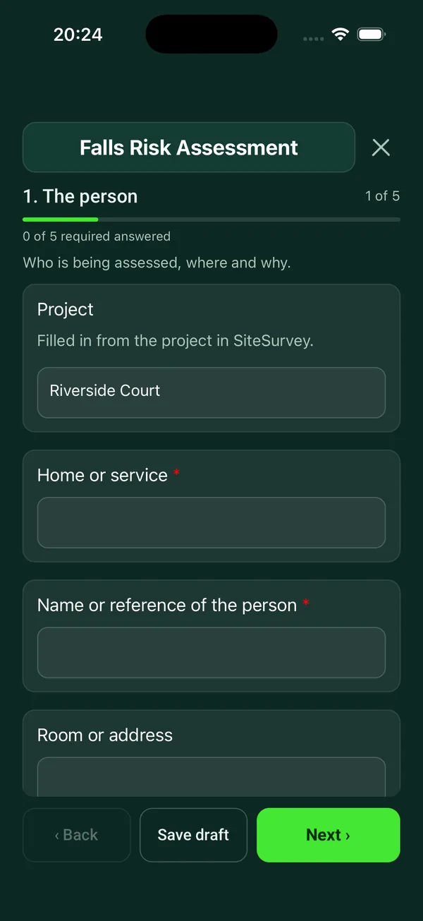 The Falls Risk Assessment form in the SiteSurvey app on a phone