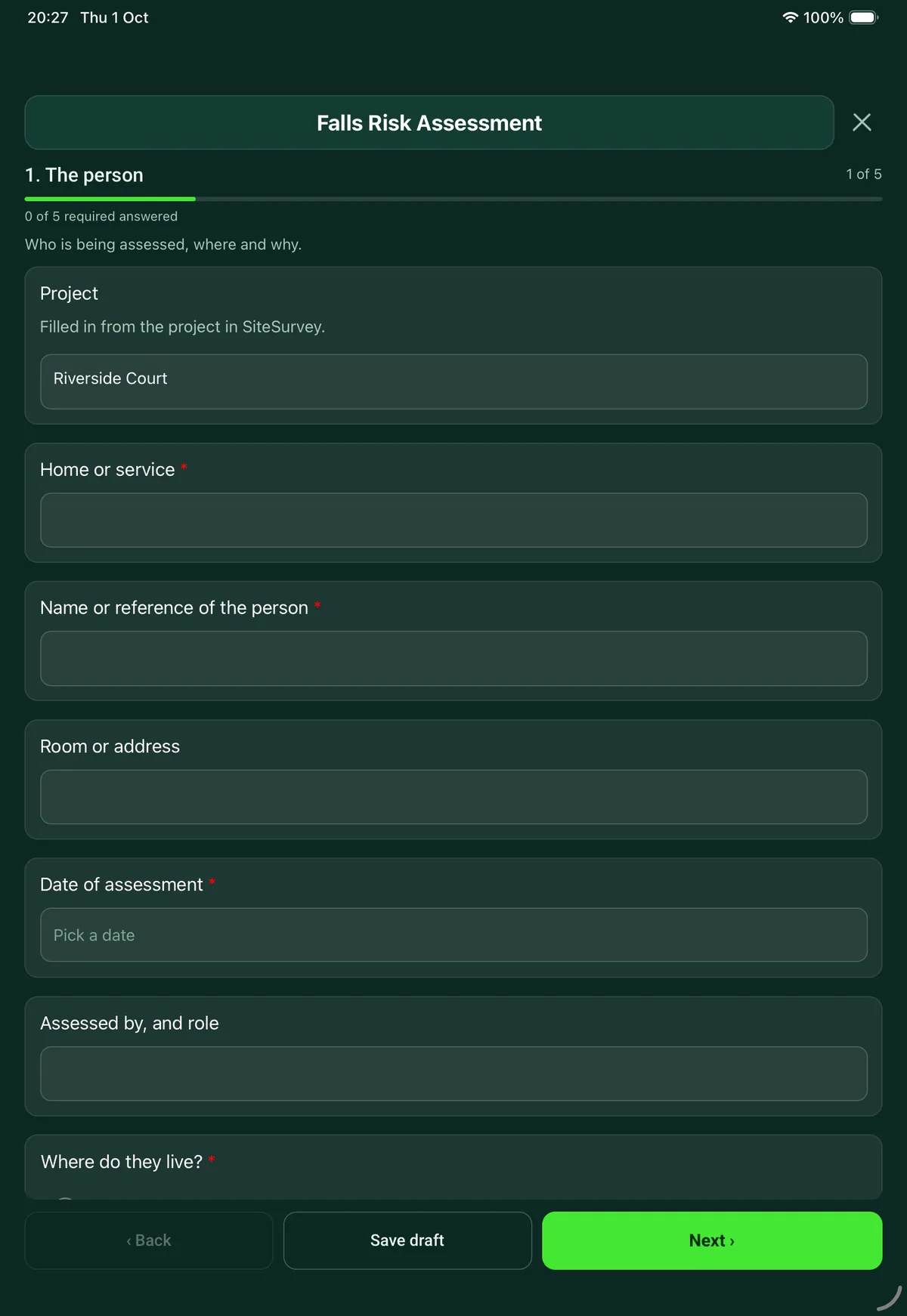 The Falls Risk Assessment form in the SiteSurvey app on a tablet