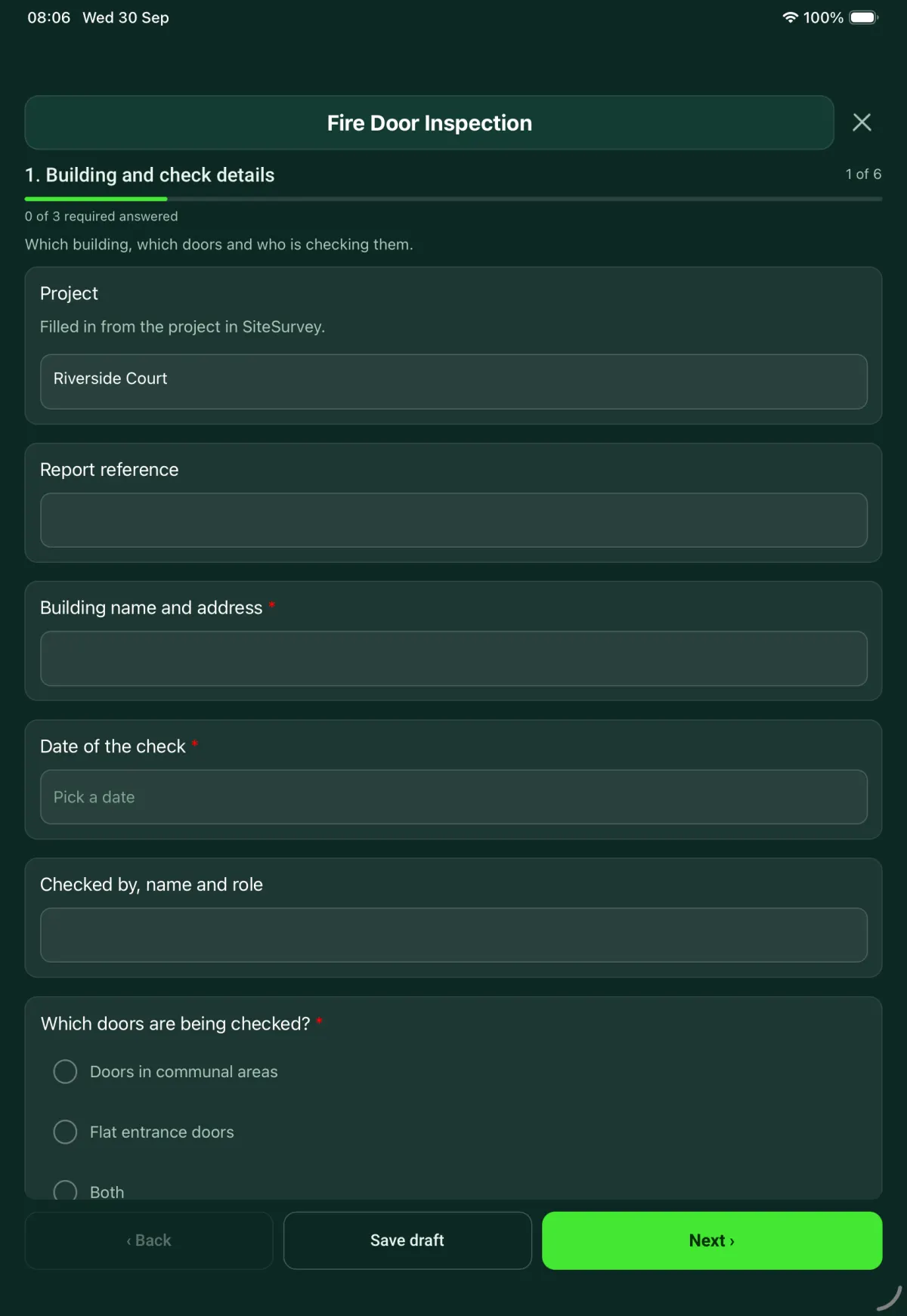 The Fire Door Inspection form in the SiteSurvey app on a tablet