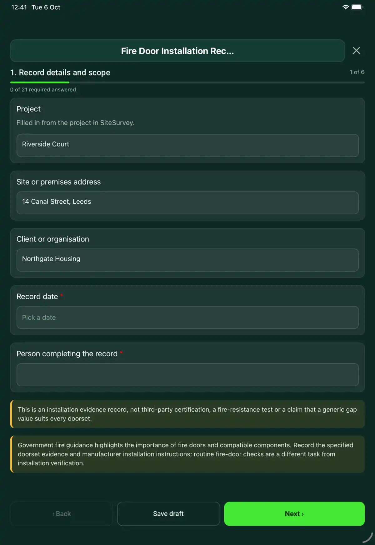 The Fire Door Installation Record form in the SiteSurvey app on a tablet