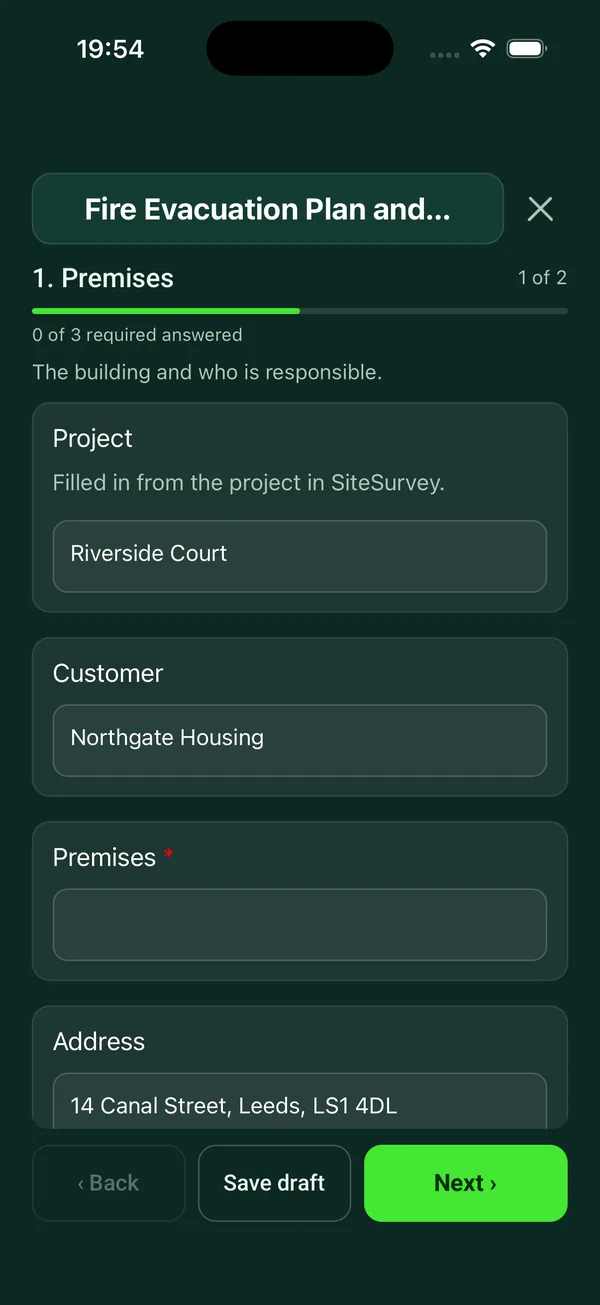 The Fire Evacuation Plan and Drill Record form in the SiteSurvey app on a phone