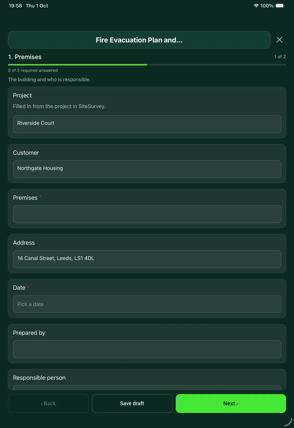 The Fire Evacuation Plan and Drill Record form in the SiteSurvey app on a tablet
