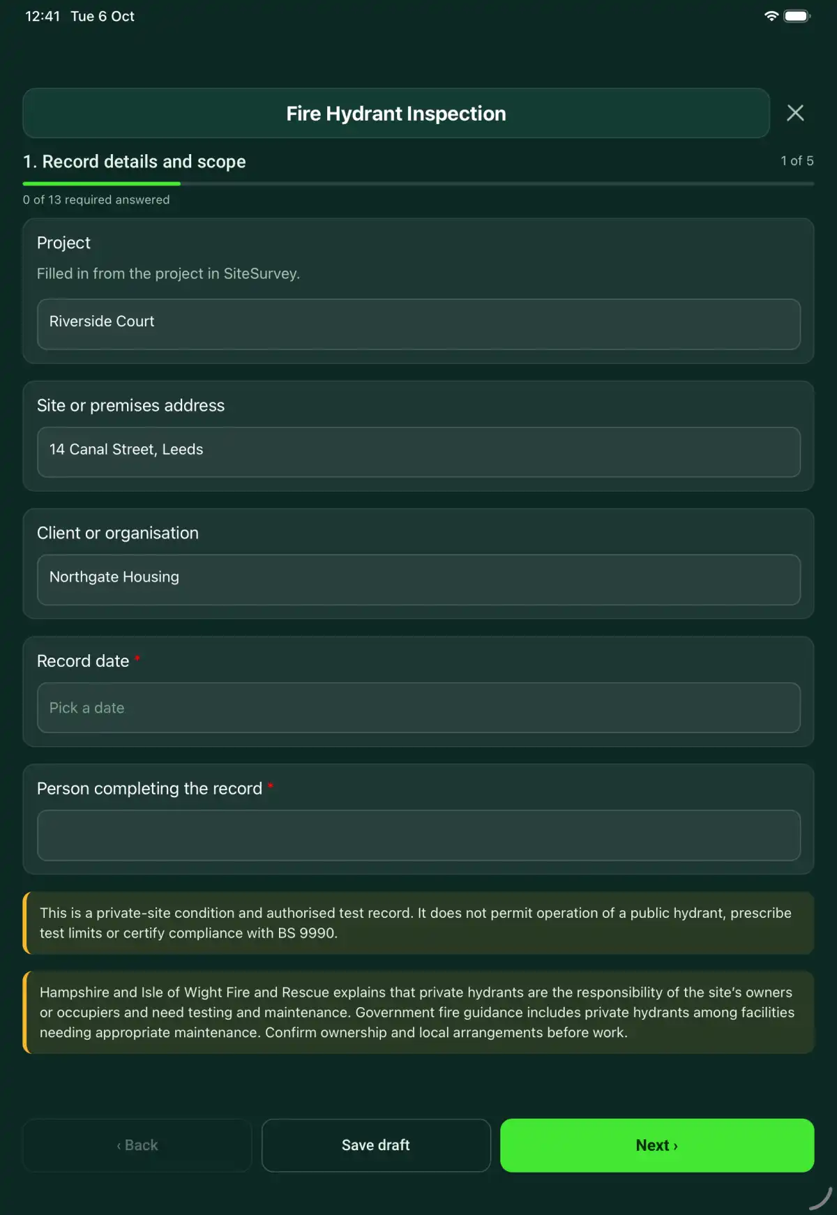 The Fire Hydrant Inspection form in the SiteSurvey app on a tablet