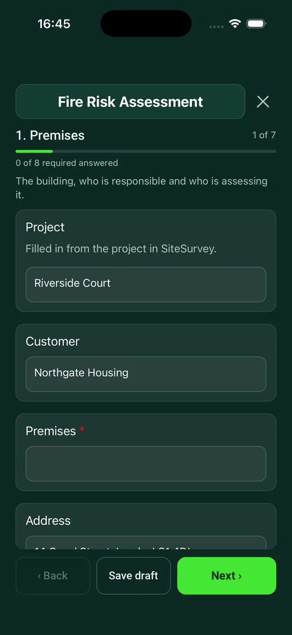 The Fire Risk Assessment form in the SiteSurvey app on a phone