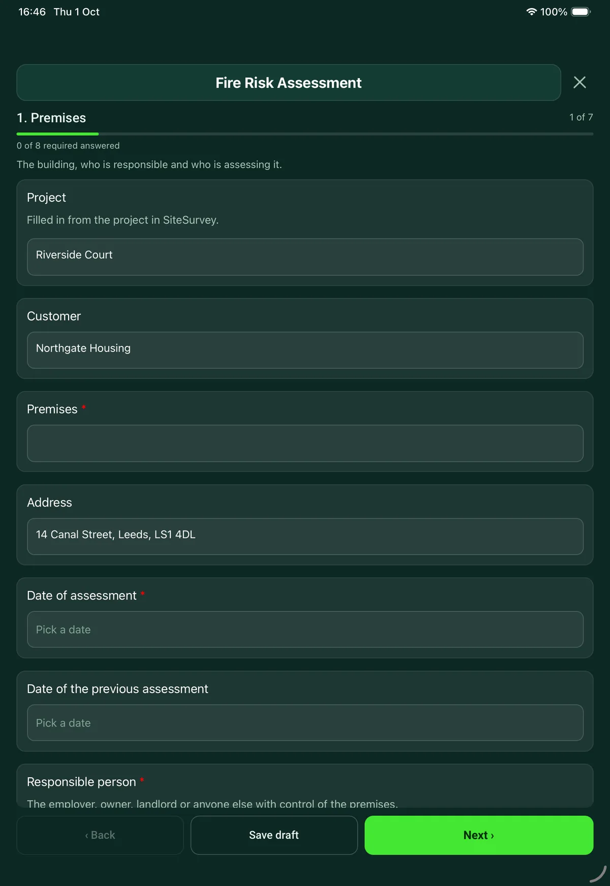 The Fire Risk Assessment form in the SiteSurvey app on a tablet