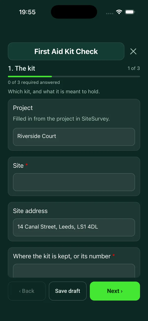 The First Aid Kit Check form in the SiteSurvey app on a phone
