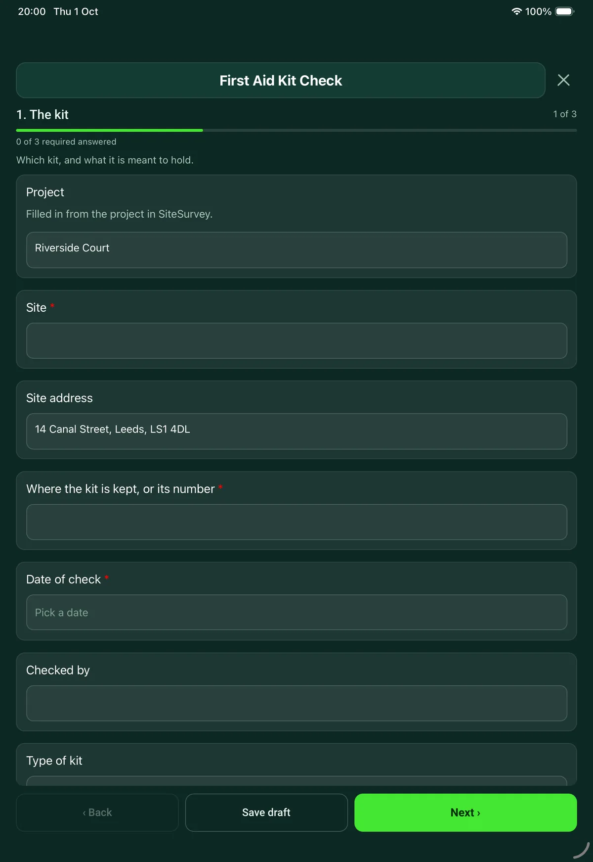 The First Aid Kit Check form in the SiteSurvey app on a tablet