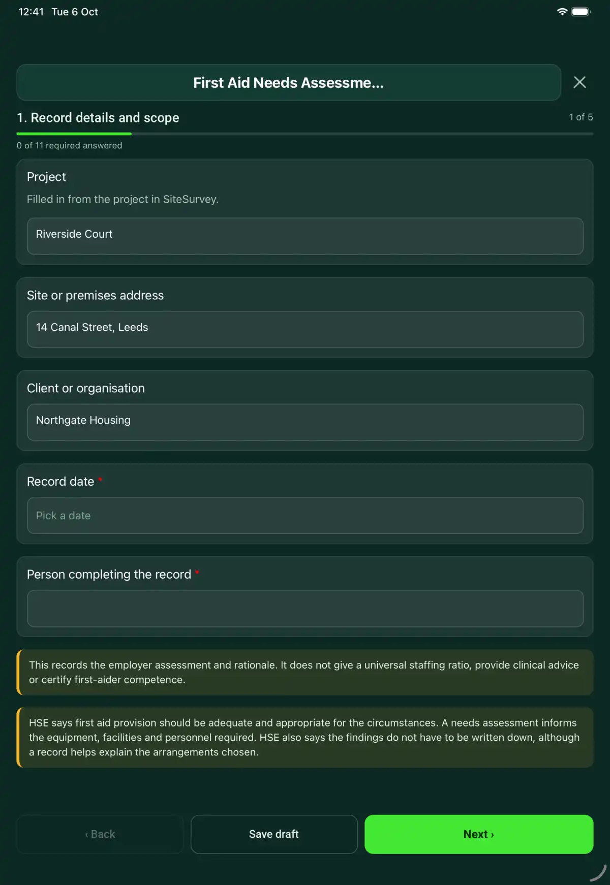 The First Aid Needs Assessment form in the SiteSurvey app on a tablet