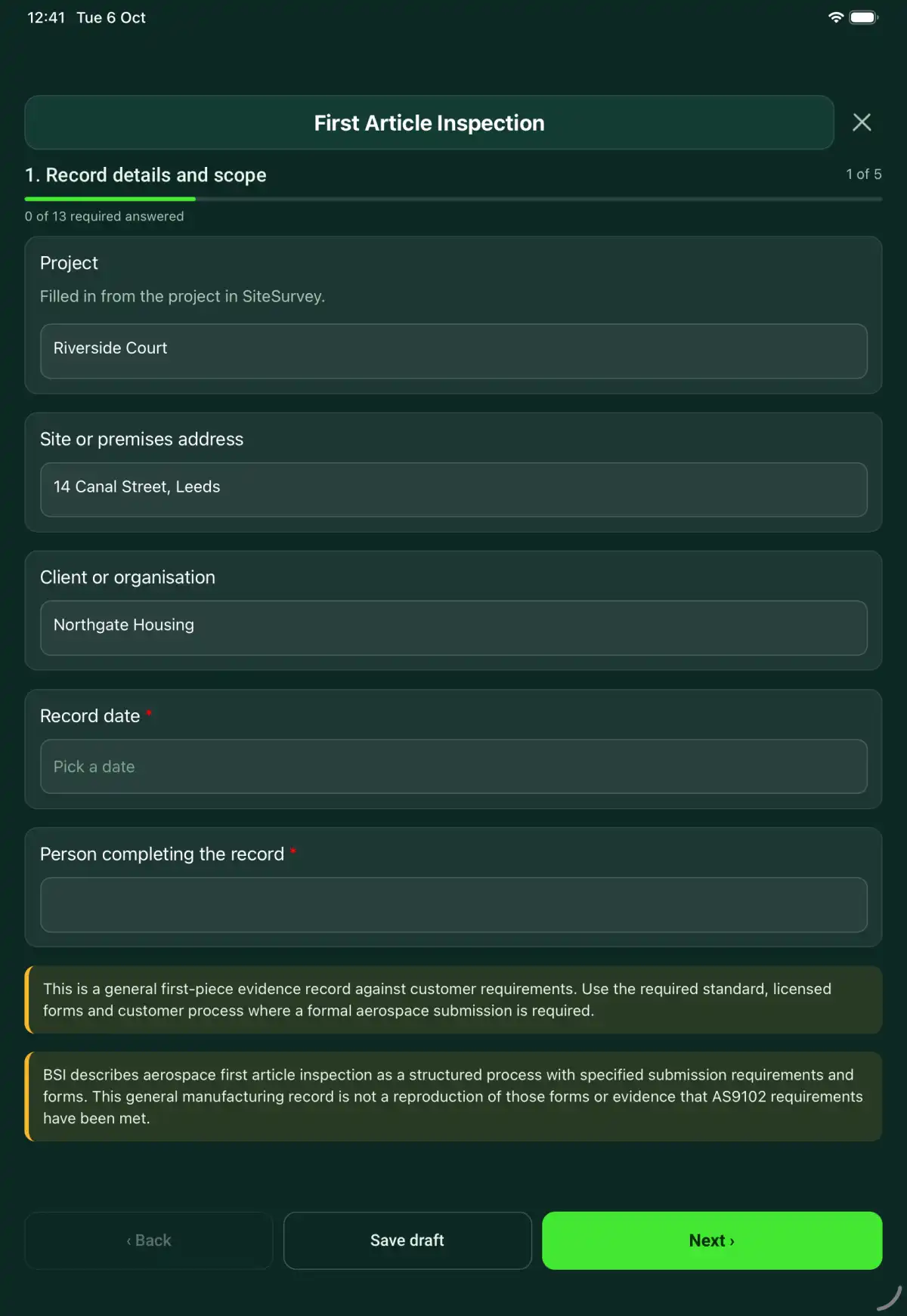 The First Article Inspection form in the SiteSurvey app on a tablet