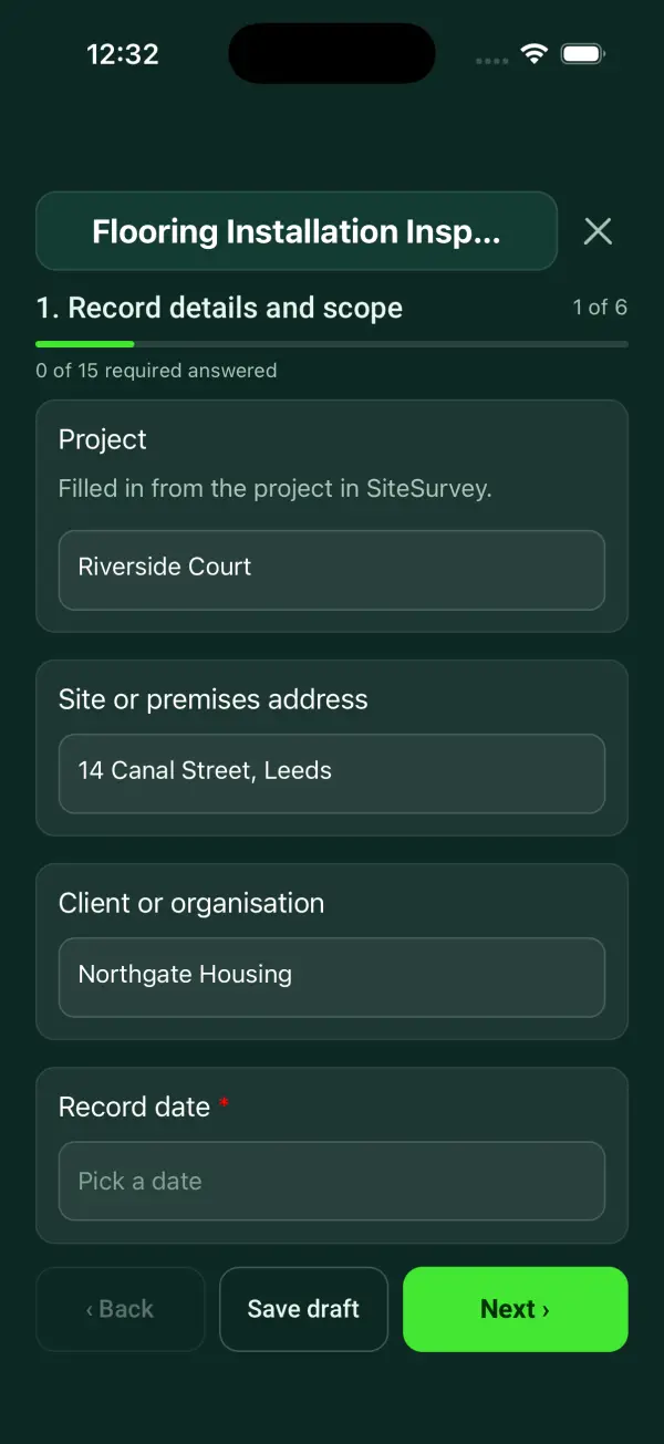 The Flooring Installation Inspection form in the SiteSurvey app on a phone