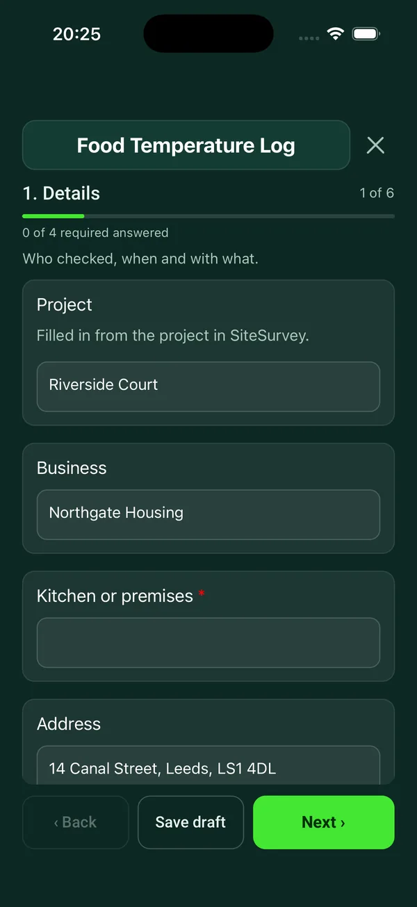 The Food Temperature Log form in the SiteSurvey app on a phone