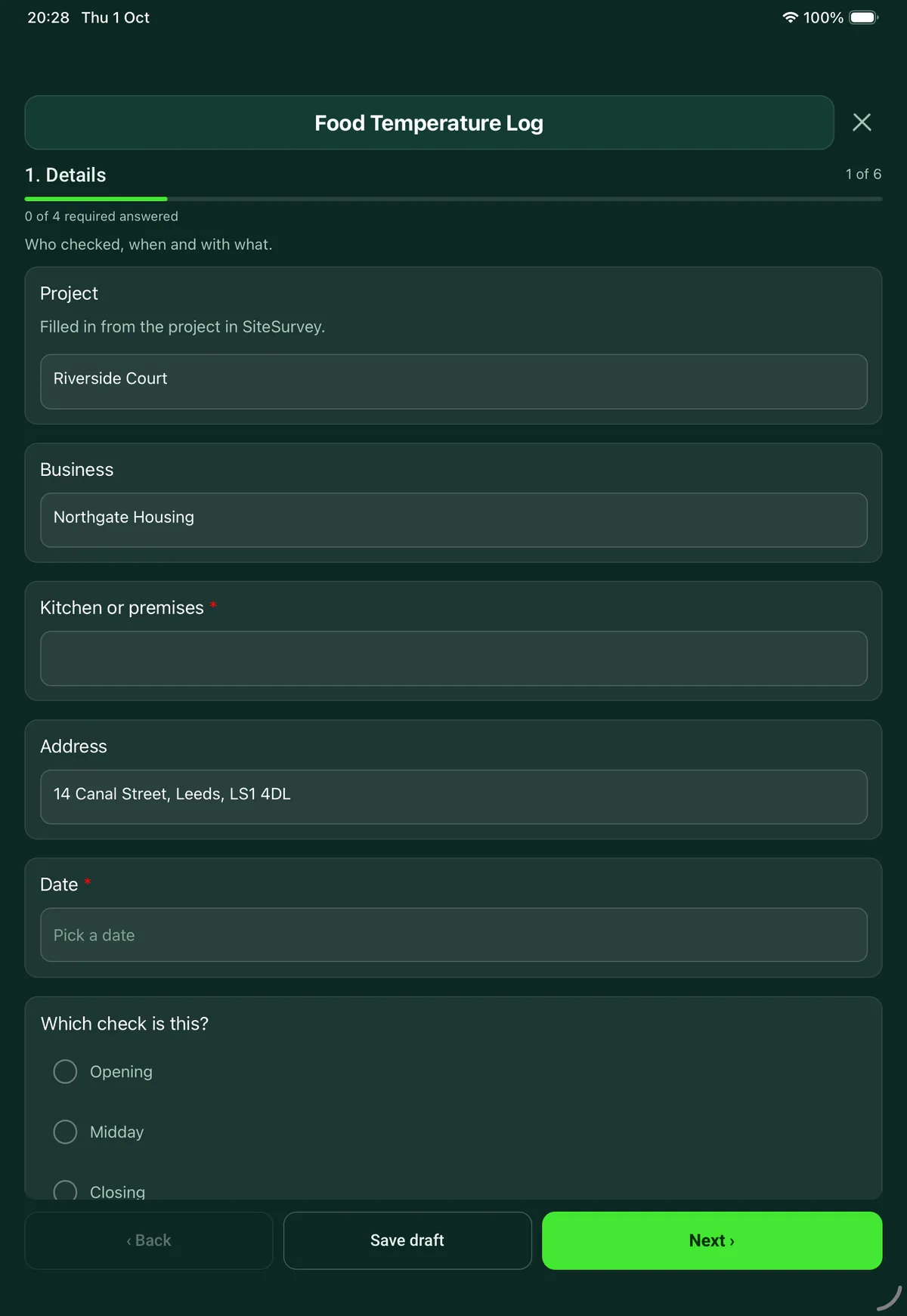 The Food Temperature Log form in the SiteSurvey app on a tablet