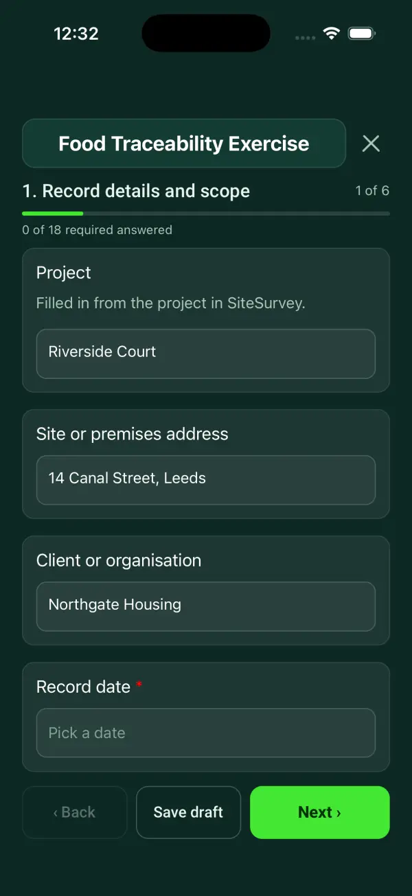 The Food Traceability Exercise form in the SiteSurvey app on a phone