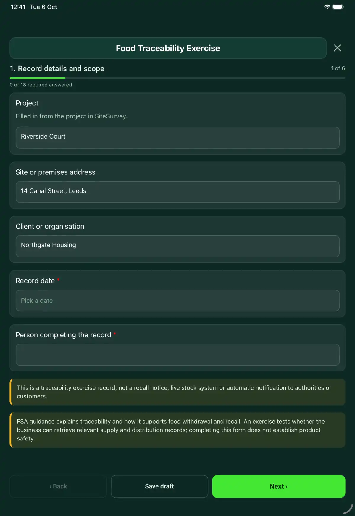 The Food Traceability Exercise form in the SiteSurvey app on a tablet