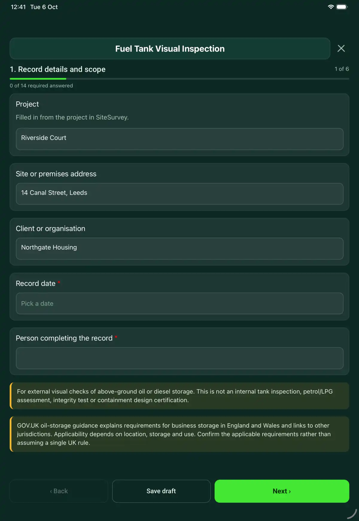 The Fuel Tank Visual Inspection form in the SiteSurvey app on a tablet