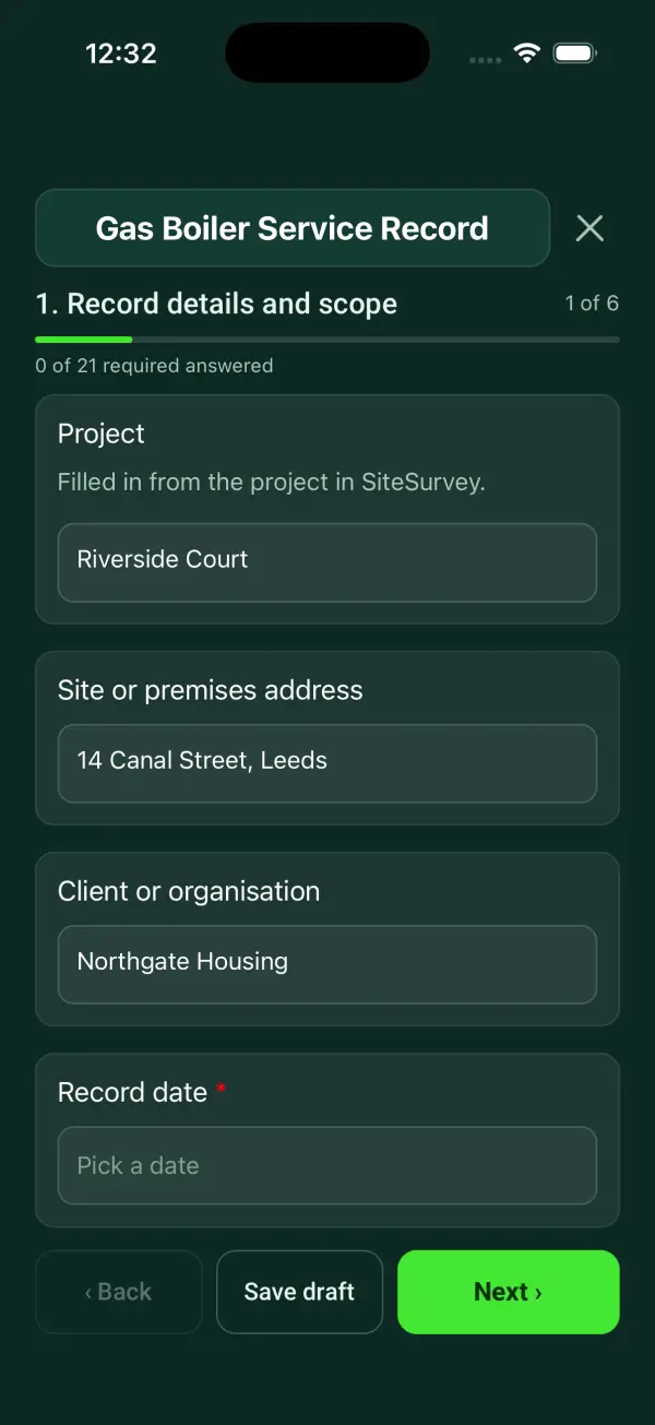 The Gas Boiler Service Record form in the SiteSurvey app on a phone