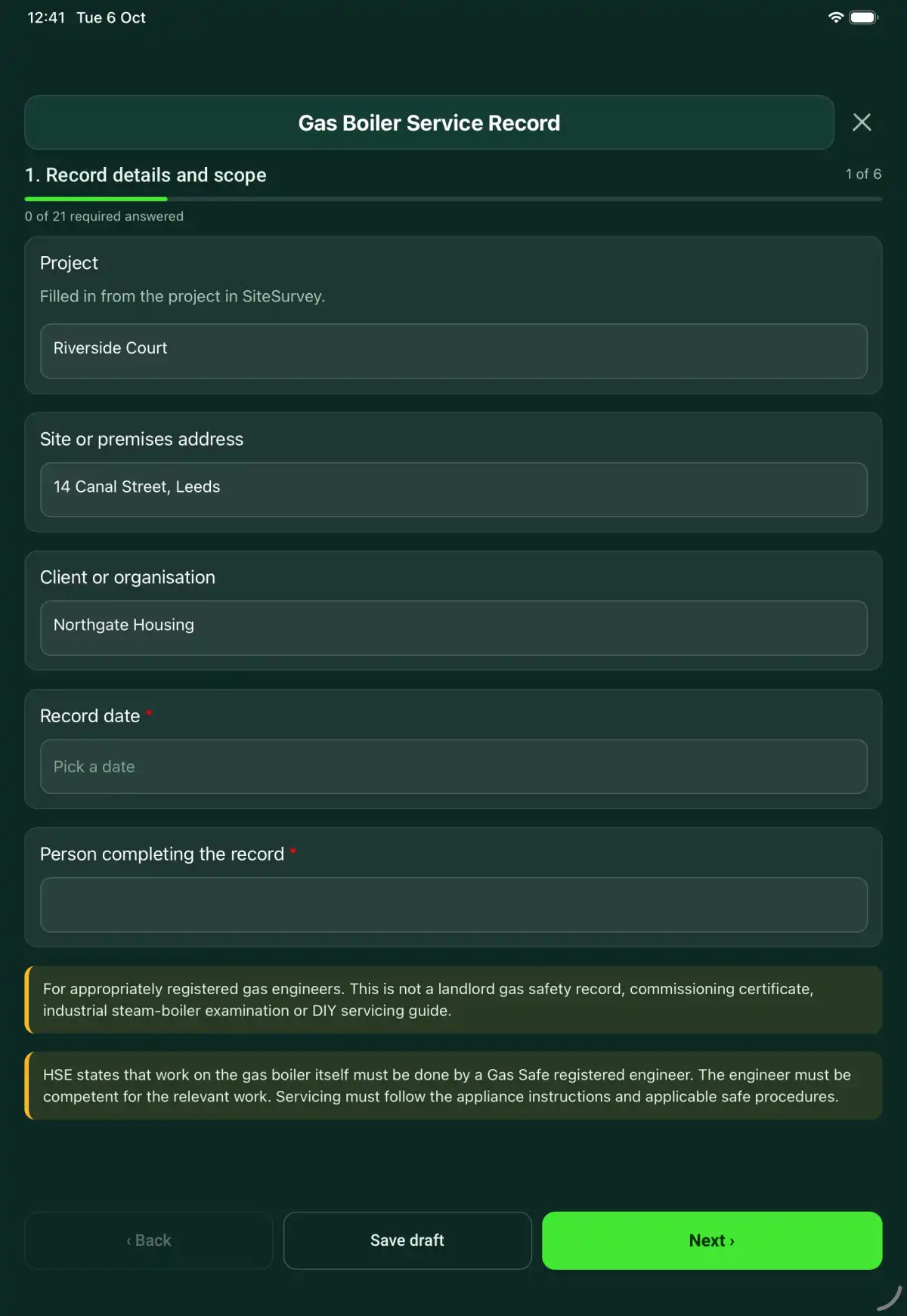 The Gas Boiler Service Record form in the SiteSurvey app on a tablet