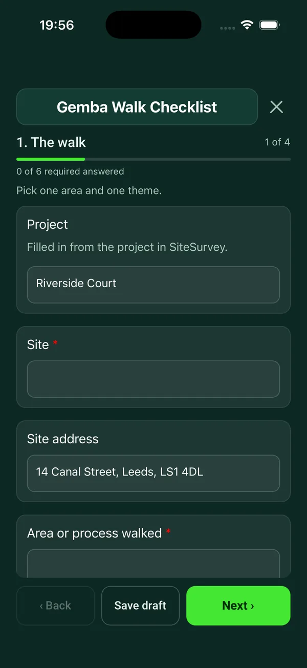The Gemba Walk Checklist form in the SiteSurvey app on a phone