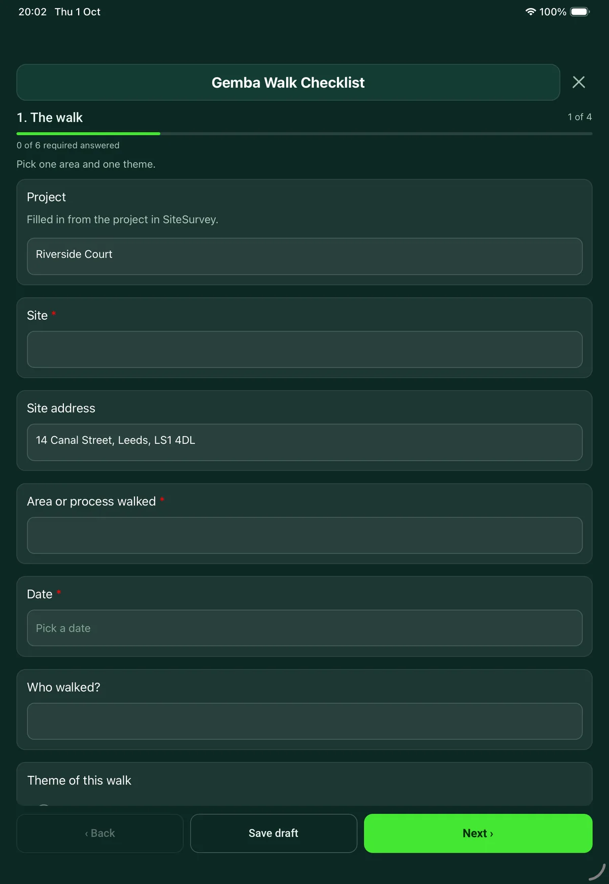 The Gemba Walk Checklist form in the SiteSurvey app on a tablet