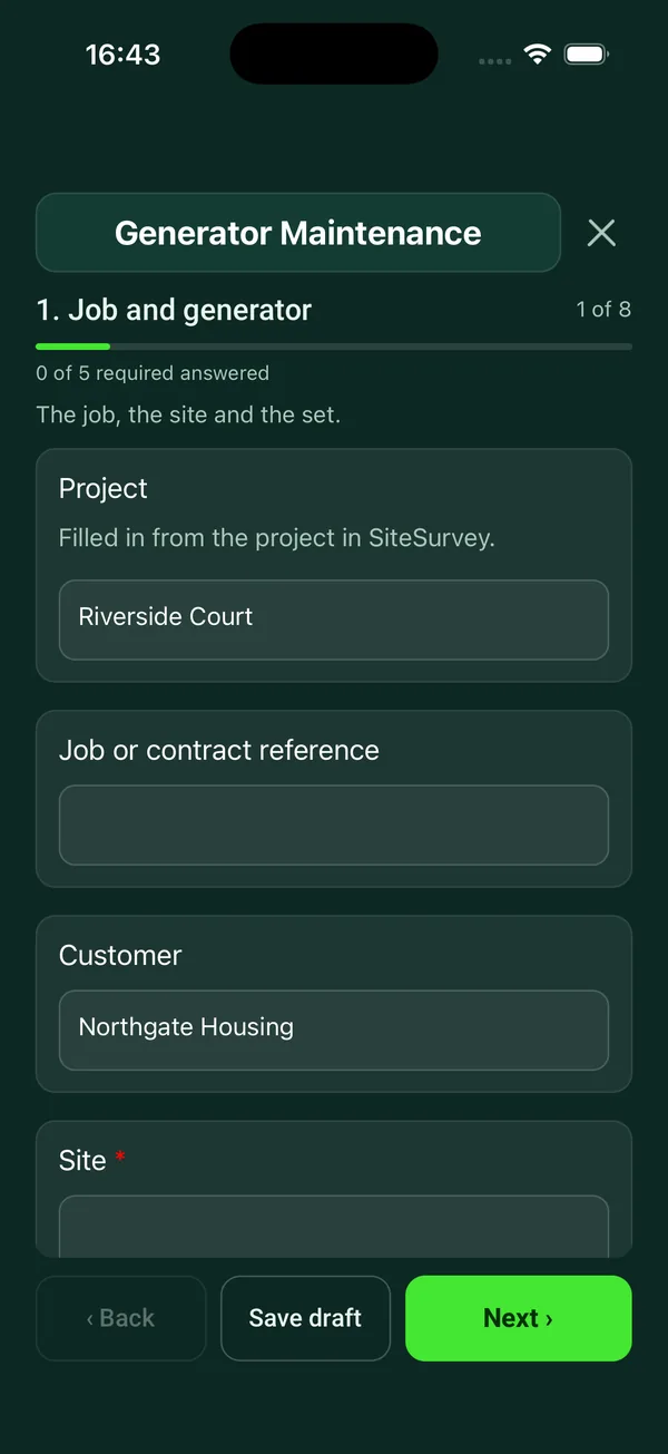 The Generator Maintenance form in the SiteSurvey app on a phone