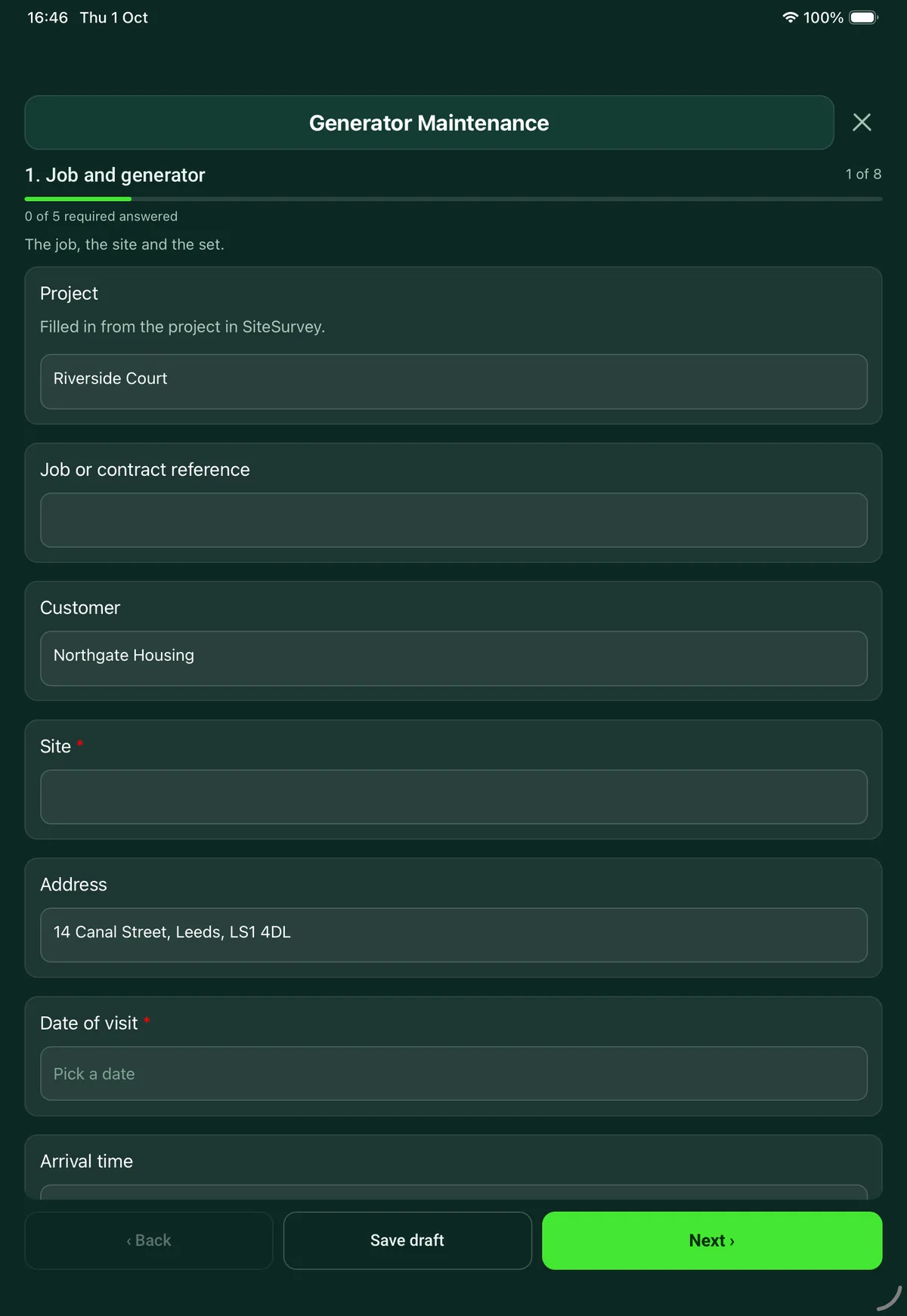 The Generator Maintenance form in the SiteSurvey app on a tablet