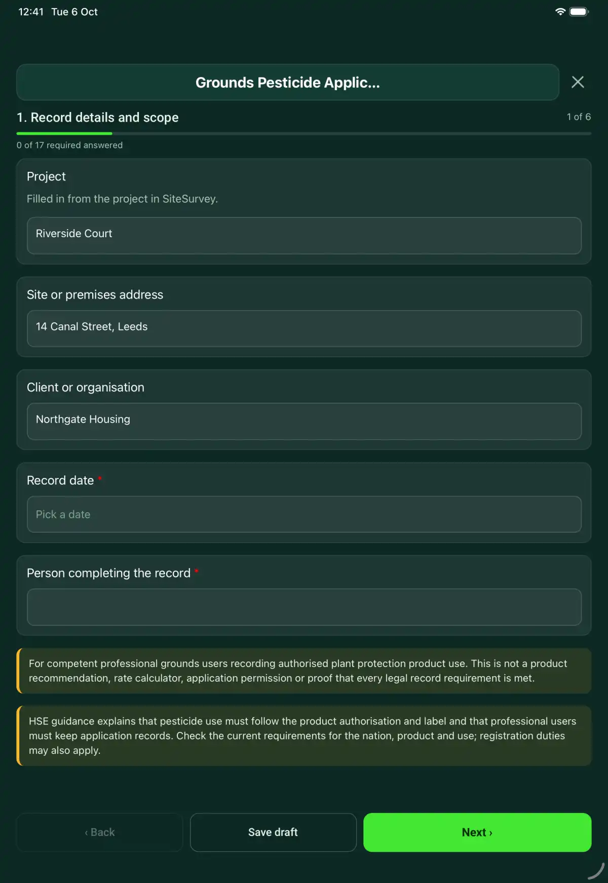 The Grounds Pesticide Application Record form in the SiteSurvey app on a tablet