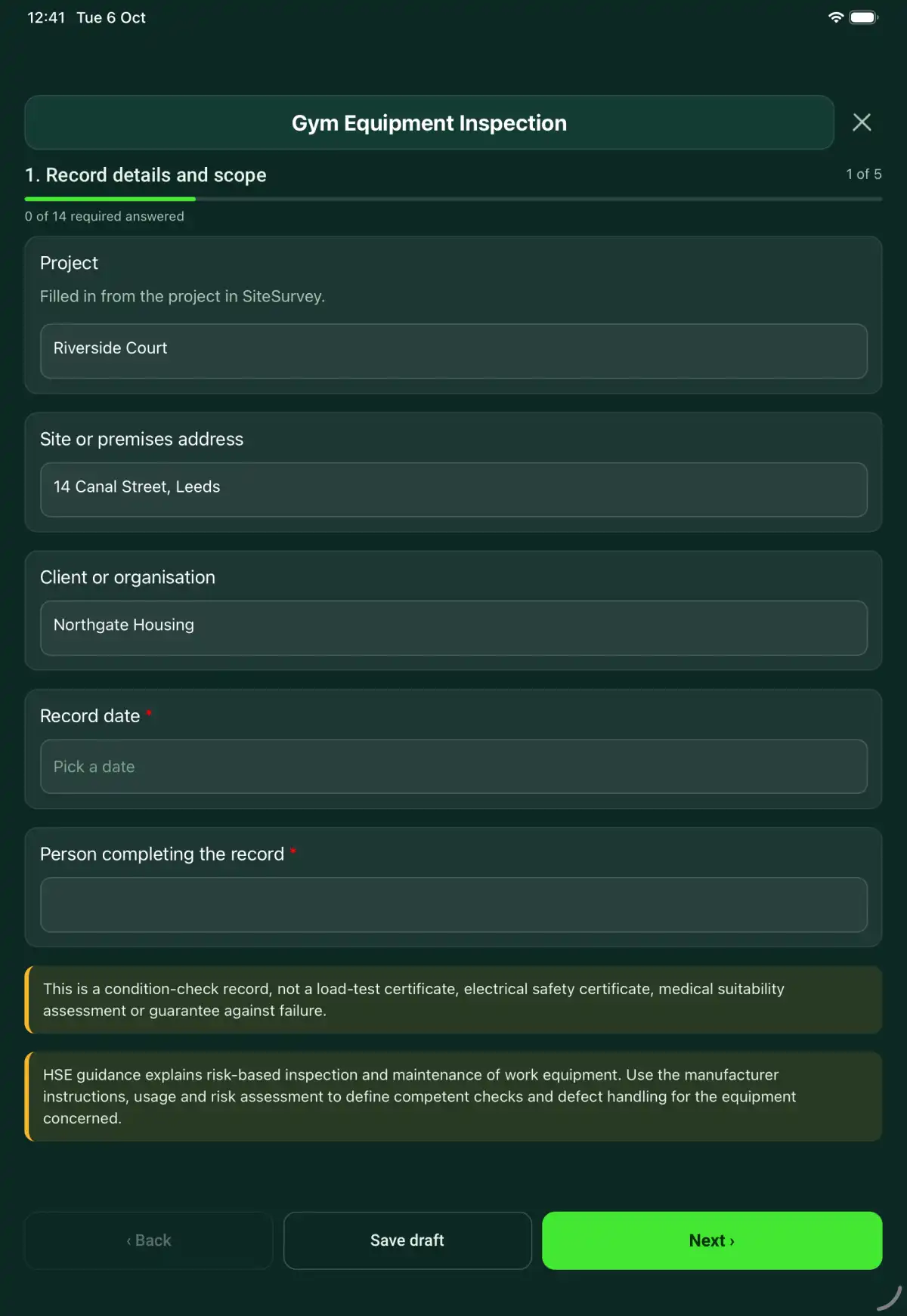 The Gym Equipment Inspection form in the SiteSurvey app on a tablet