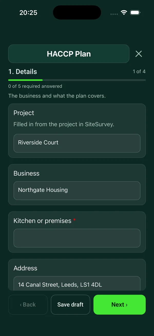 The HACCP Plan form in the SiteSurvey app on a phone