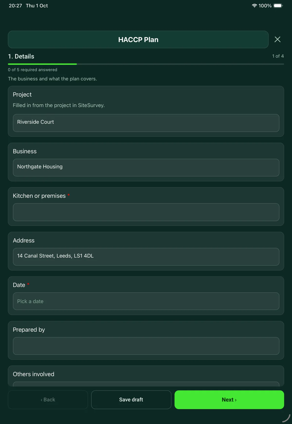 The HACCP Plan form in the SiteSurvey app on a tablet