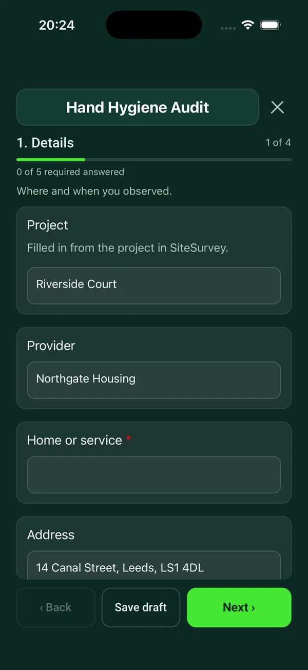 The Hand Hygiene Audit form in the SiteSurvey app on a phone