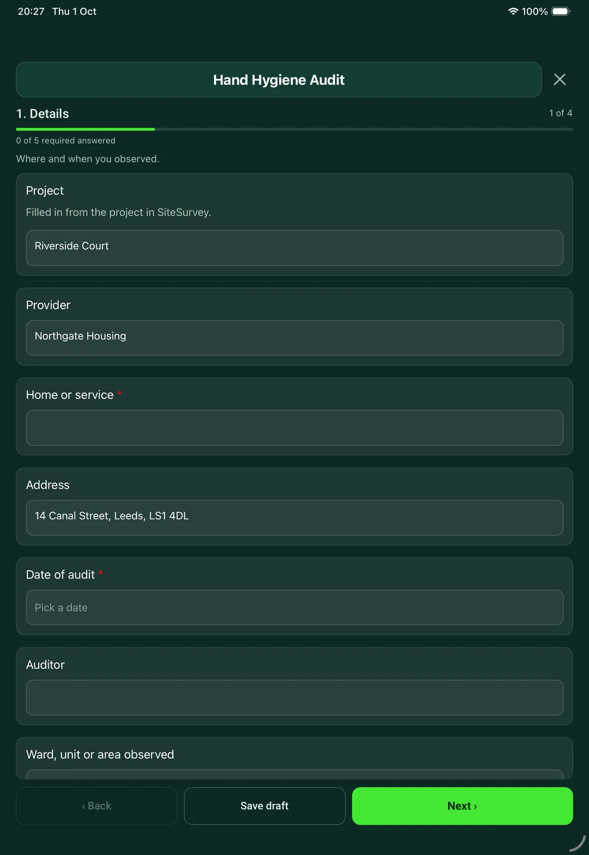 The Hand Hygiene Audit form in the SiteSurvey app on a tablet