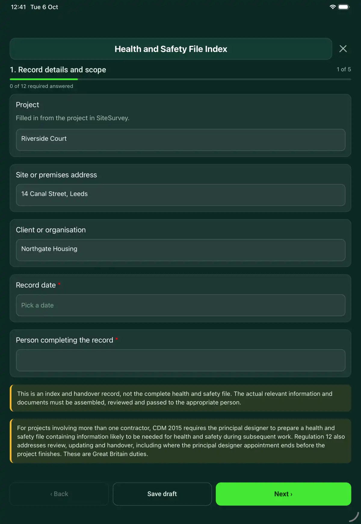 The Health and Safety File Index form in the SiteSurvey app on a tablet