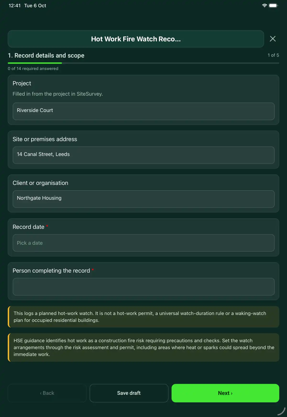 The Hot Work Fire Watch Record form in the SiteSurvey app on a tablet