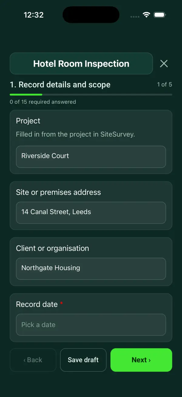 The Hotel Room Inspection form in the SiteSurvey app on a phone