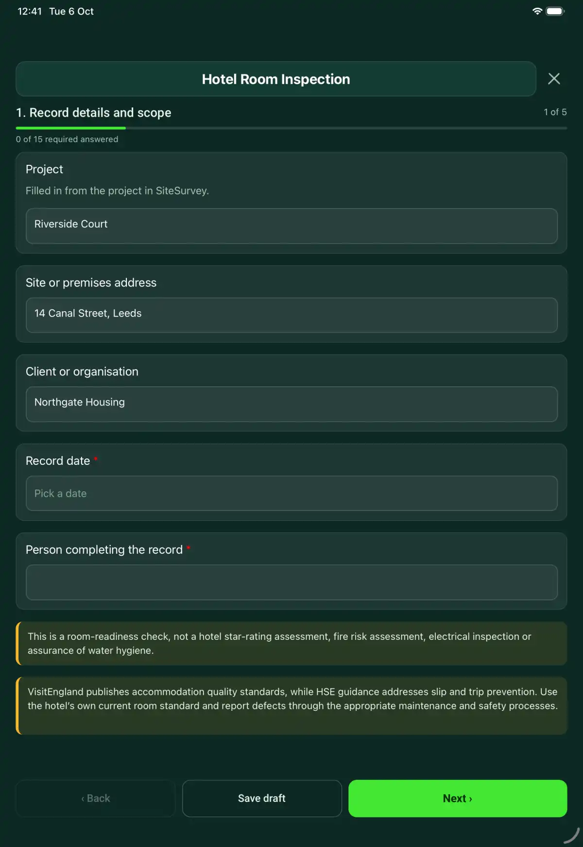 The Hotel Room Inspection form in the SiteSurvey app on a tablet
