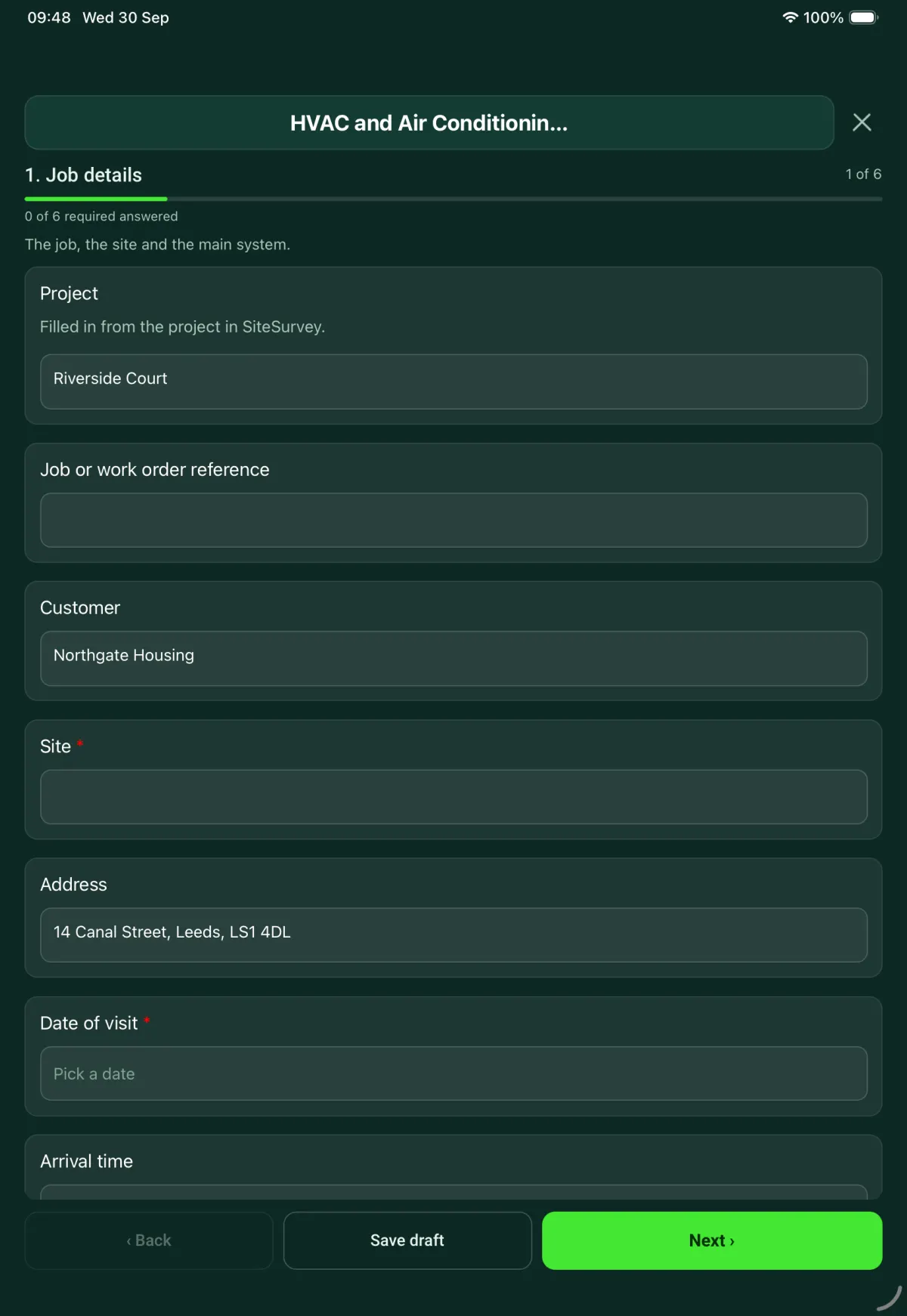 The HVAC and Air Conditioning Maintenance form in the SiteSurvey app on a tablet
