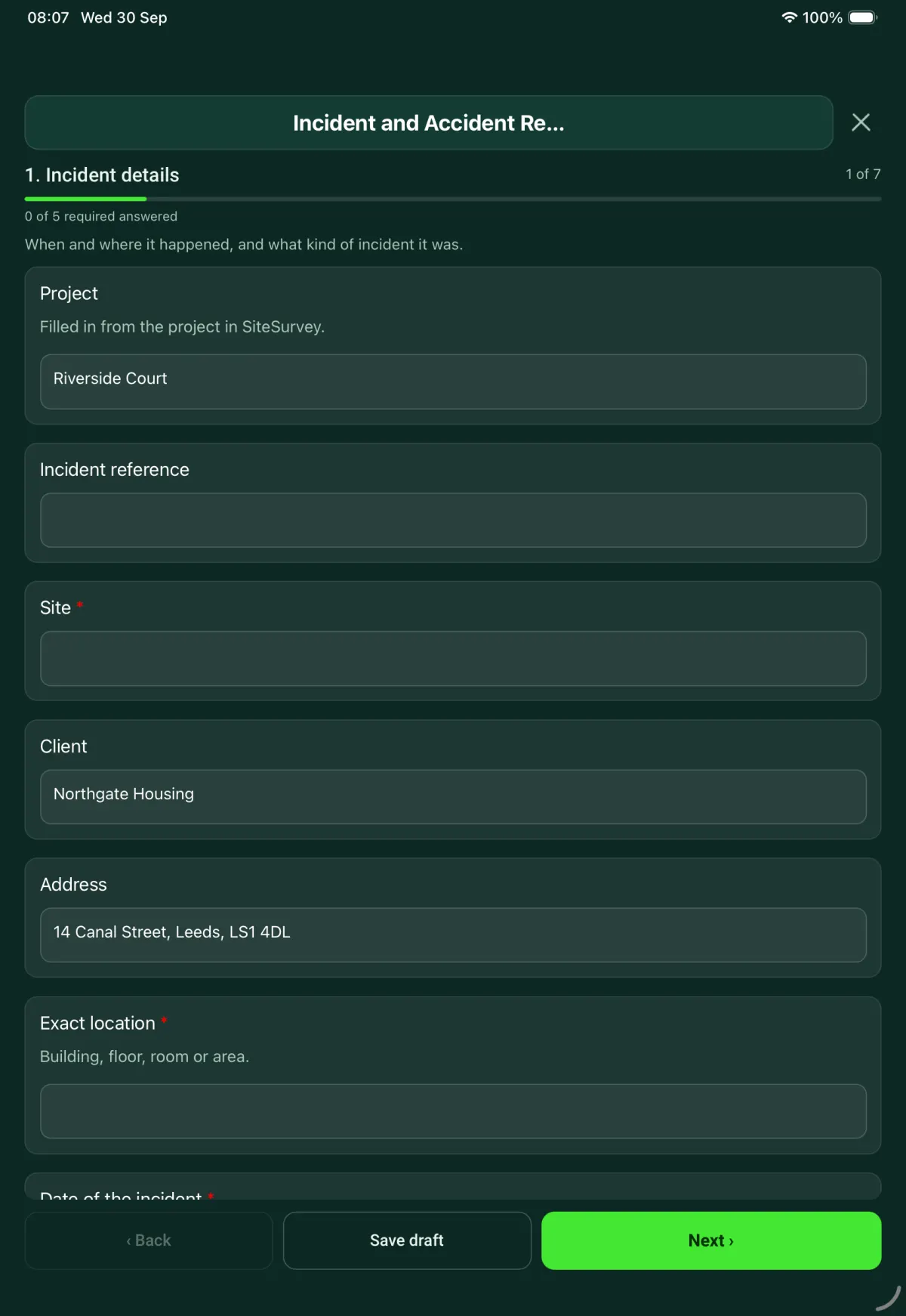 The Incident and Accident Report form in the SiteSurvey app on a tablet