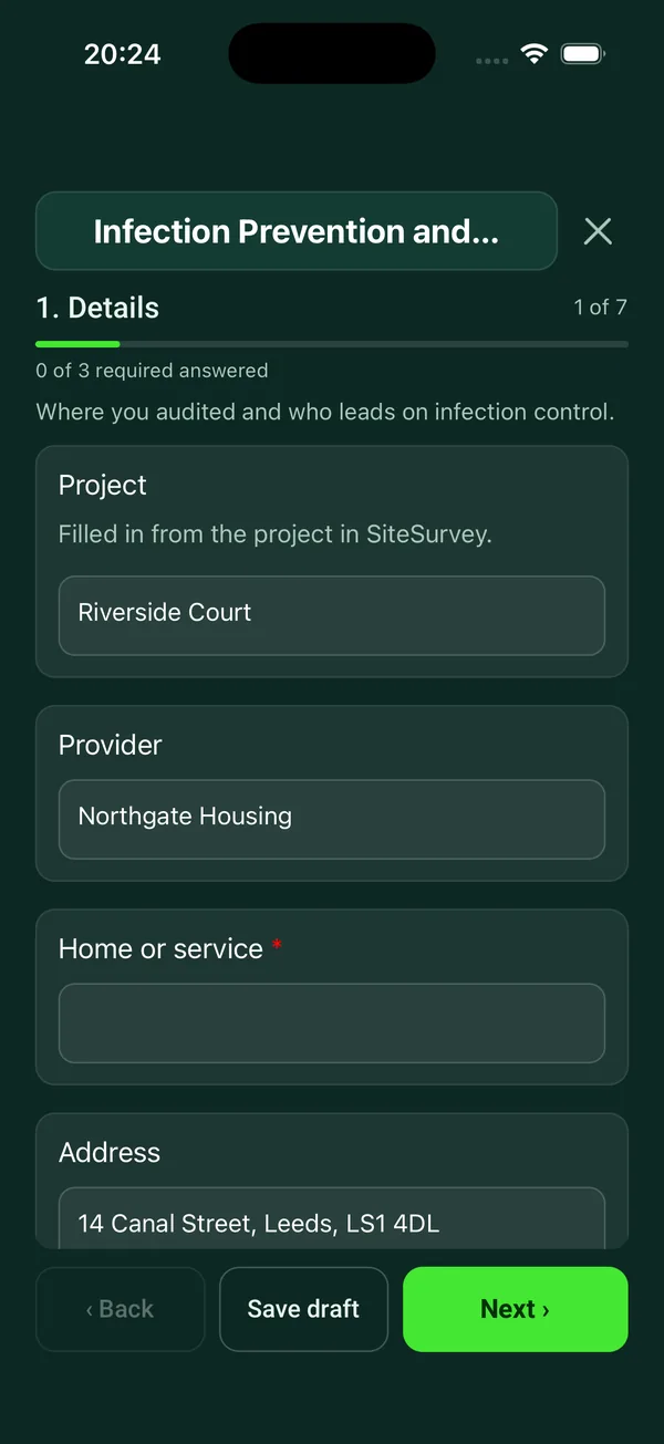 The Infection Prevention and Control Audit form in the SiteSurvey app on a phone