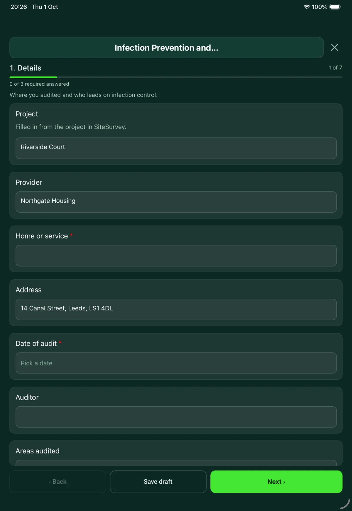 The Infection Prevention and Control Audit form in the SiteSurvey app on a tablet