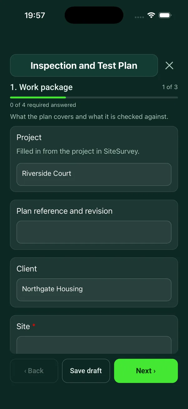 The Inspection and Test Plan form in the SiteSurvey app on a phone