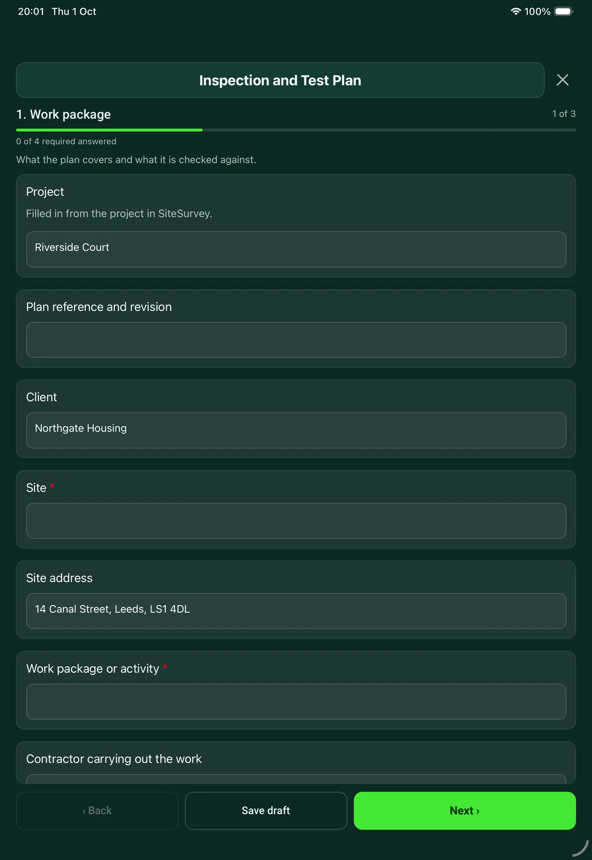 The Inspection and Test Plan form in the SiteSurvey app on a tablet