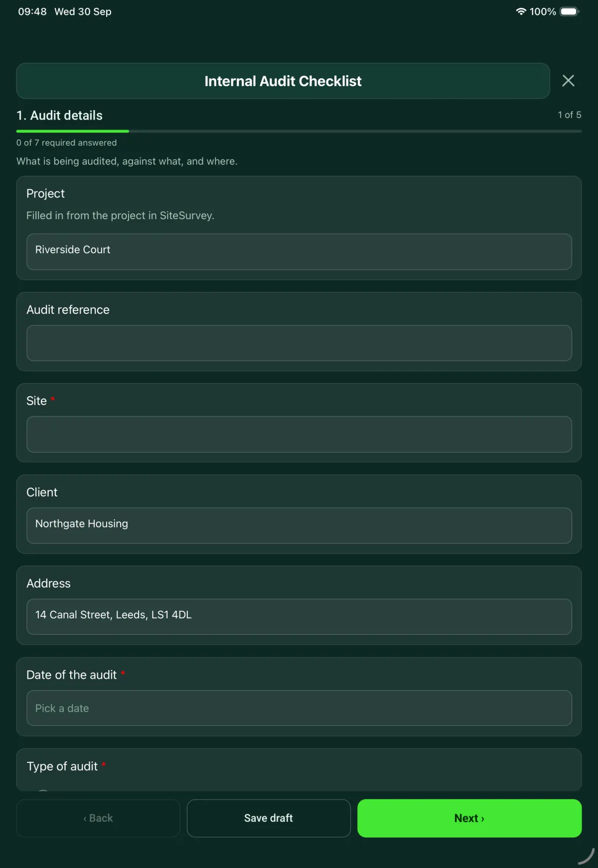 The Internal Audit Checklist form in the SiteSurvey app on a tablet