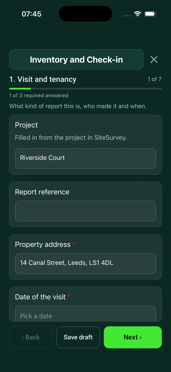 The Inventory and Check-in form in the SiteSurvey app on a phone