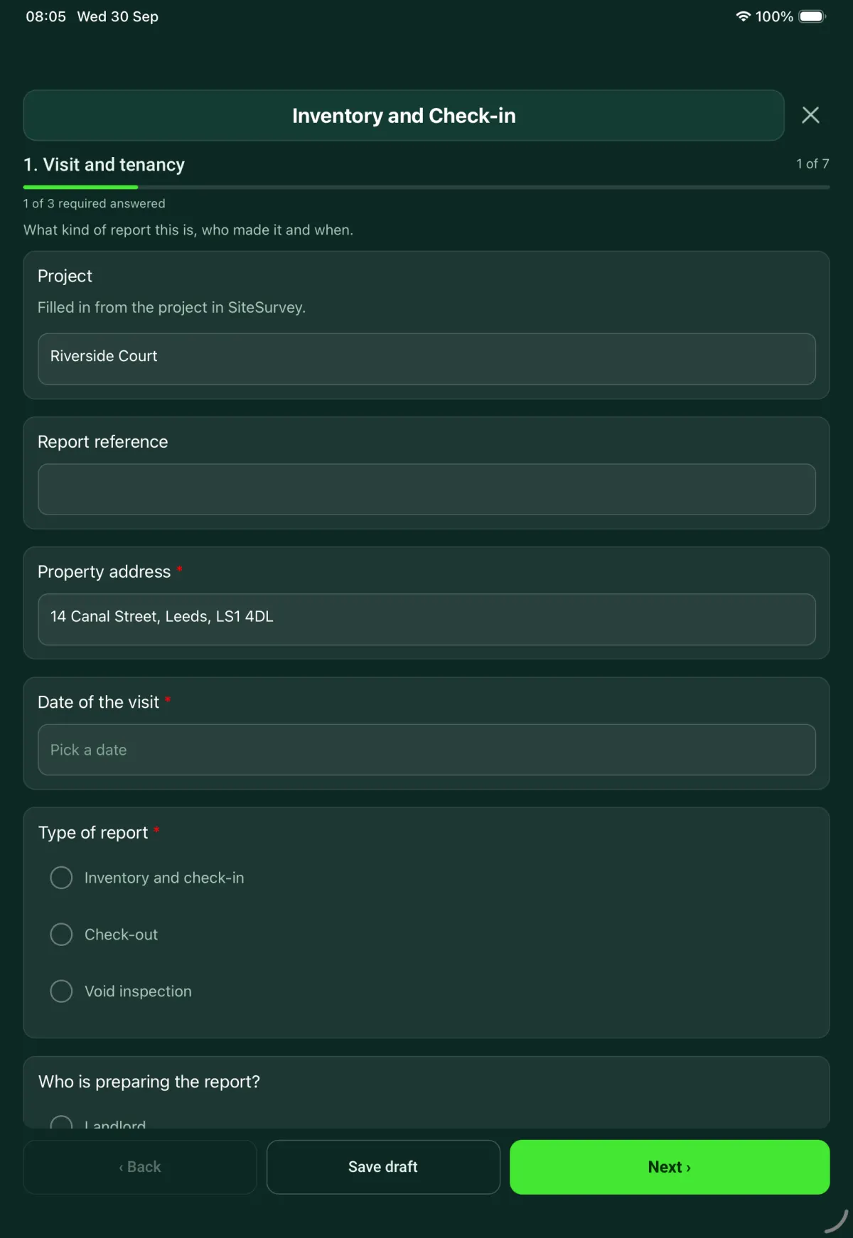 The Inventory and Check-in form in the SiteSurvey app on a tablet