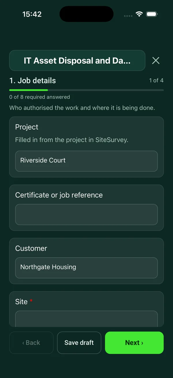 The IT Asset Disposal and Data Destruction Record form in the SiteSurvey app on a phone
