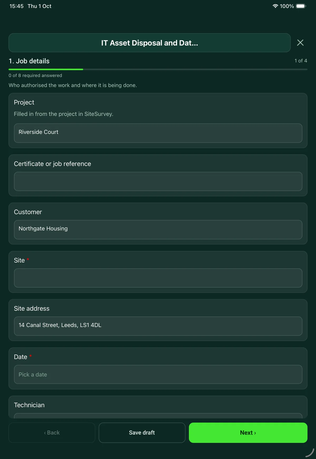 The IT Asset Disposal and Data Destruction Record form in the SiteSurvey app on a tablet