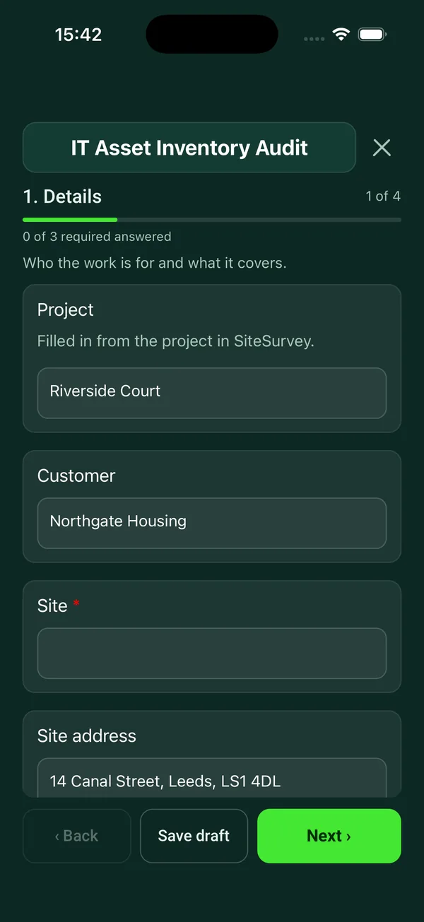 The IT Asset Inventory Audit form in the SiteSurvey app on a phone