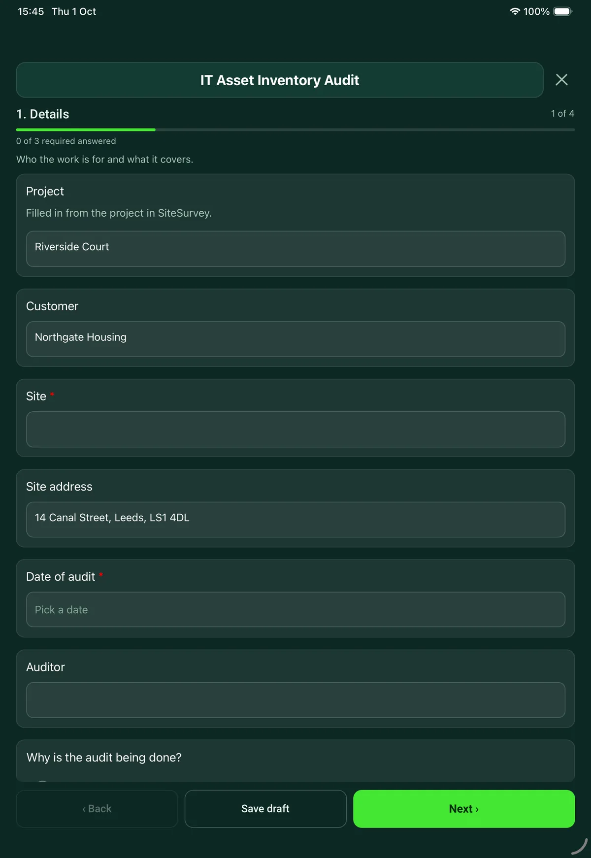 The IT Asset Inventory Audit form in the SiteSurvey app on a tablet
