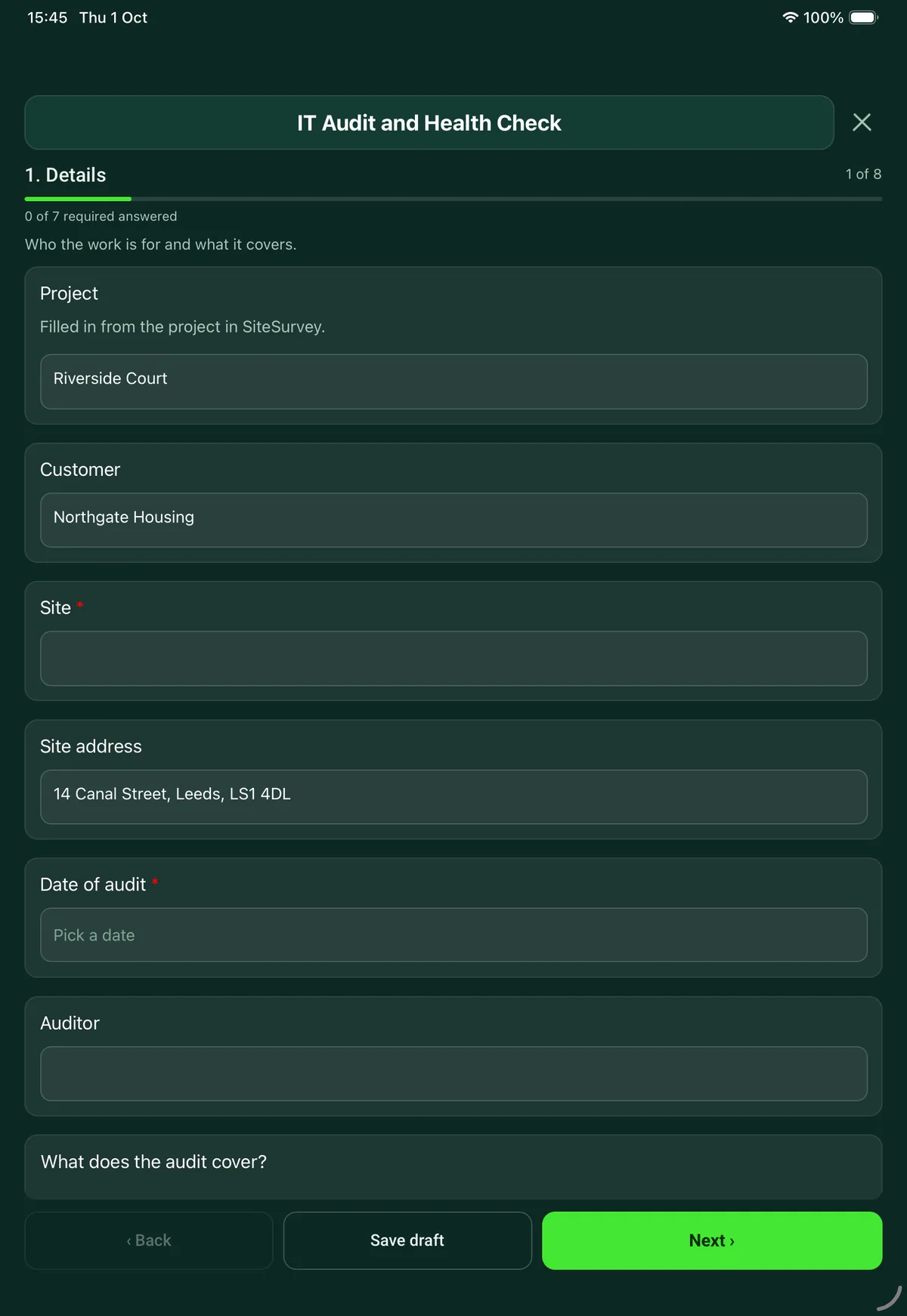 The IT Audit and Health Check form in the SiteSurvey app on a tablet
